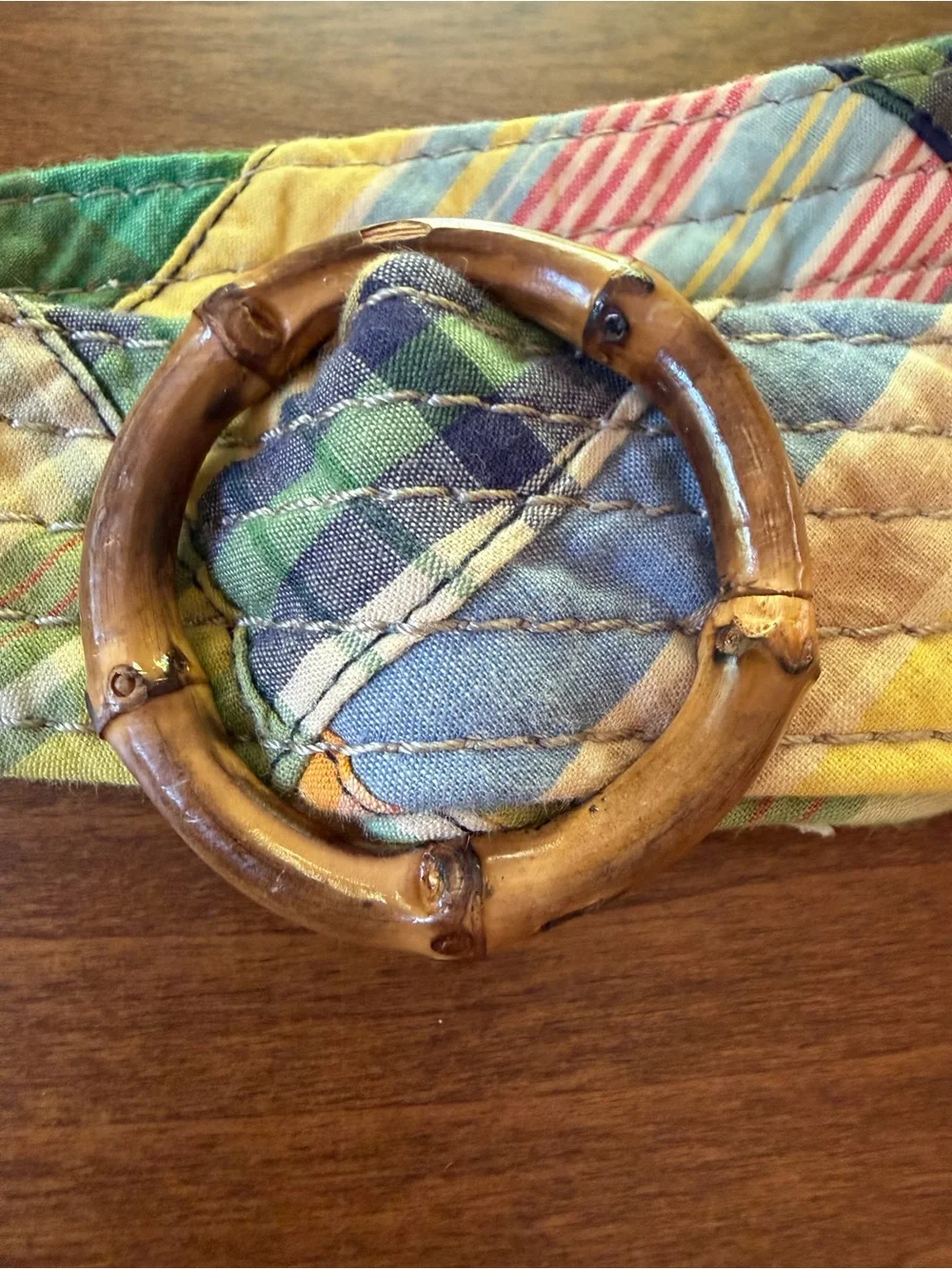 J. CREW Madras Plaid Patchwork Cotton Belt Bamboo Buckle, Multi Color | SM/MED - Picture 5 of 7